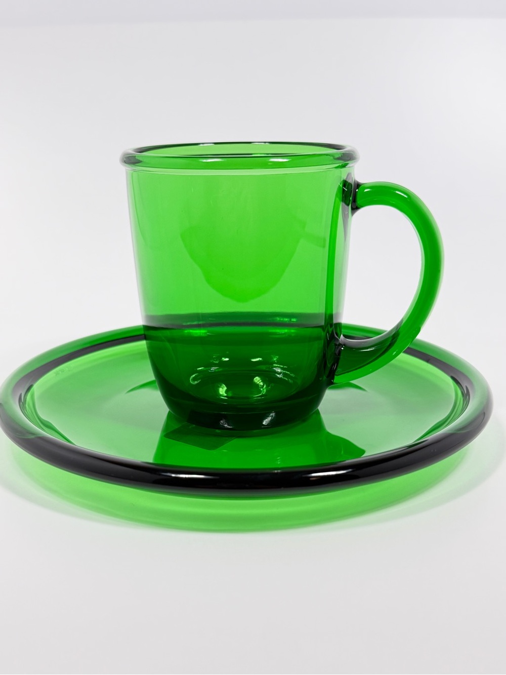Green Glass Cup and Saucer Set - Transparent Emerald Dining Glassware Arcoroc